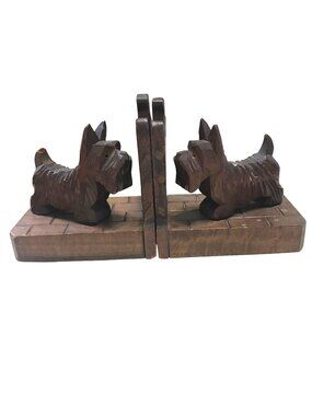 Vintage Carved Wood Scotty Dog Bookends Japan Glass Eyes Fence Brown